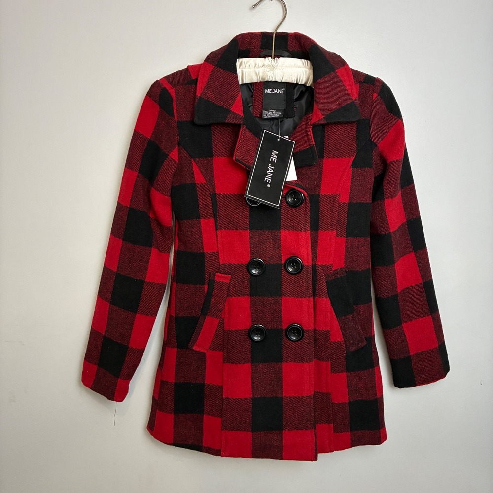 NWT Girls Red Black Buffalo Plaid‎ Peacoat Jacket Size 10/12 Cabincore Classic